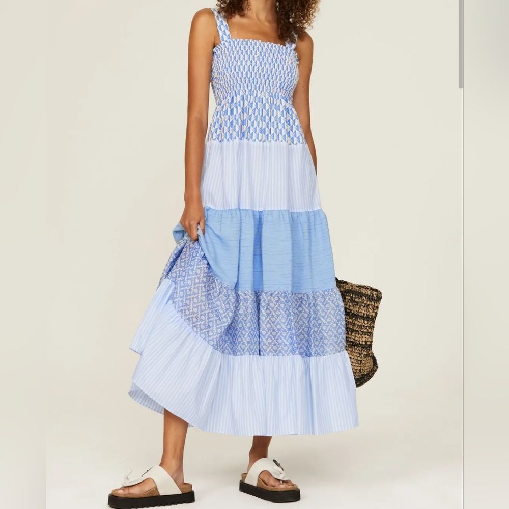 Sandro Tropea Blue and White Cottage Core Smocked Tiered Maxi Sundress Sz 42